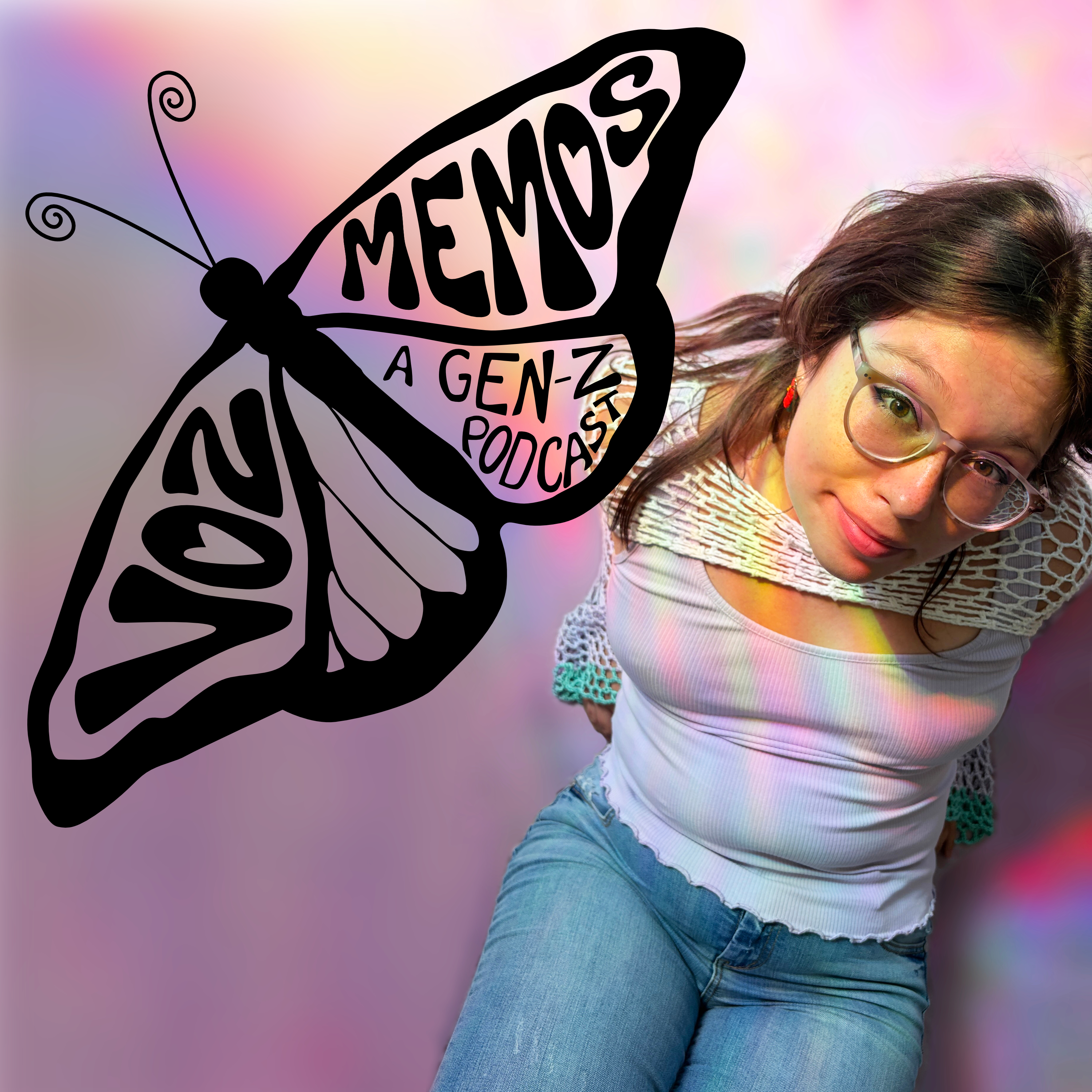 Voz Memos logo on purple rainbow background with Angela looking up at camera